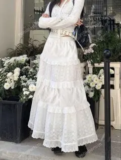 パッチワーク 刺繍 ロングフリルスカート