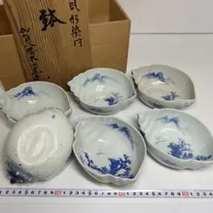 明治時代 九谷焼 染付吹墨貝型向付 6客 加賀八幡木田窯造 共箱