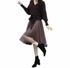 サイズ選べます♪ブラウン　セットアップ レディー上下 2点セット 長袖 スカート