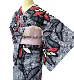美品 綿絽浴衣 新品レース半幅帯セット 金魚柄 黒地 夏祭り 花火大会