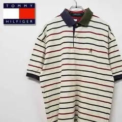古着 90s トミー ヒルフィガー 刺繍 ボーダー ポロシャツ マルチホワイト