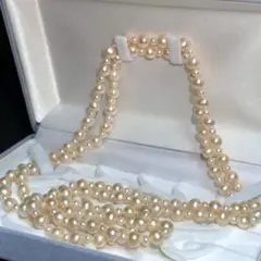 美品 本真珠 パール ロング ネックレス 2連 テリ抜群