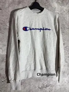 ☘️Champion 綿100 グレー ロゴ クルーネック トレーナー スウェット