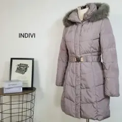 INDIVIブルーフォックス高級毛皮ファーフーディーダウンコート36灰色ベルト付