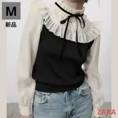 新品【完売品】ZARA(ザラ) フリル襟・ドッキングリブニット・シアーブラウスM