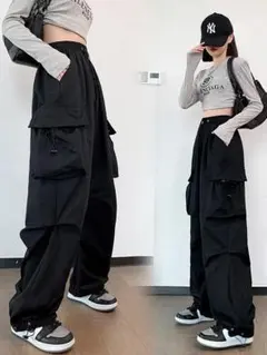 カーゴパンツ 黒 L 新品　カーゴパンツ ブラック ストリート ゴム紐 ダンス