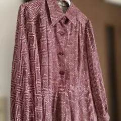 昭和レトロ 古着 シャツワンピース 赤と白の幾何学模様