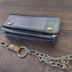 本革 財布 チェーン付き 手縫い ヌメ革 レザークラフト ハンドメイド