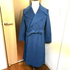 メンズ【美品 ヴィンテージ 純 カシミヤ】M 青 厚手 ロング トレンチ 剣襟