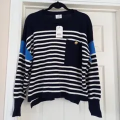 イェッカヴェッカ　ストライプ柄ポケット付き長袖ニット　金ボタン　ボーダー