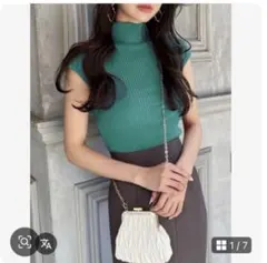 GRL ハイネックフレンチスリーブリブニットトップス グリーン　rut689