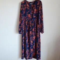 spick&span デシンフラワープリントワンピース　ネイビー×ブラウン　花柄