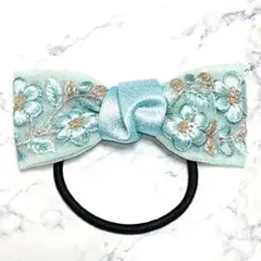 匿名配送★インド刺繍リボンヘアゴム 水色 花柄 入園入学