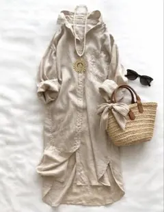 ミラオーウェン 上品ゆったりフレンチリネン100% ロングシャツ ベージュ