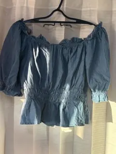 デニムブルー フリルオフショルダー M