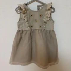 ベージュ フリル 花刺繍ワンピース チュニック 綿100