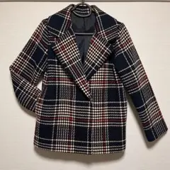 ネイビー系チェック ダブルブレスト ジャケット コート