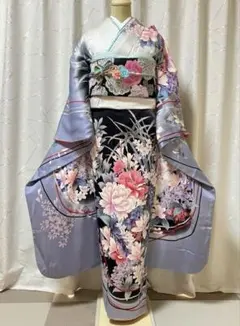 振袖フルセット　青灰色　金彩　手描き友禅　成人式振袖　振袖　裄丈66 グレー 振袖フルセット 青灰色 金彩 手描き友禅 成人式振袖 振袖 裄丈66