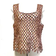 ハンドメイド ニット編み ベスト 大きめな網目模様 ネット編み クロッシェ