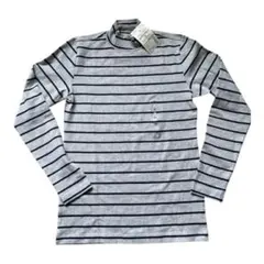 MUJI ハイネックTシャツ M グレー・ストライプ