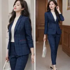 【新品未着用】チェック柄スーツ上下セット ビジネススーツ パンツスーツ 通年