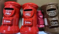 新品未使用 陶器製郵便ポスト赤茶色3つとすぐにポンと押せて便利な印鑑ケースセット