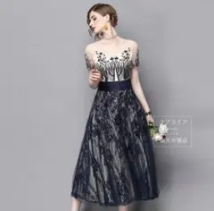 総レース花柄パーティードレス 結婚式 パーティー 半袖 ミモレ丈 レース 花柄