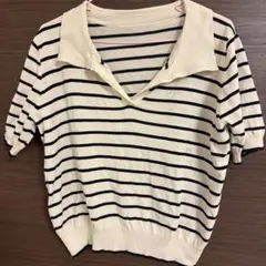 アイボリー・ネイビー ストライプ Vネック 半袖ニット