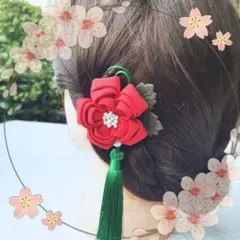 卒袴 髪飾り 椿 赤 つまみ細工 ピン 着物 和服 卒業式 卒園式 和装 匿名2