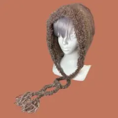 バラクラバ ボンネット ニット帽 耳当て フード ハンドメイド 茶色 ブラウン