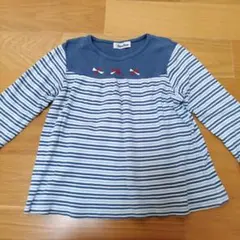 familiar☆長袖カットソー青白ストライプリボン刺繍110cm