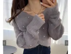 GRL パールカシュクールシャギーニットトップス[kz457] ブルー フリー