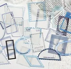 【A】コラージュ素材　PET ステッカー　フレーム型　ブルー　おすそ分け　25枚