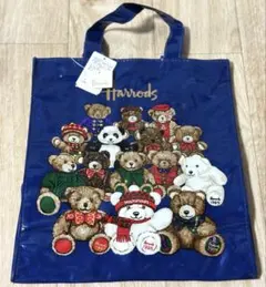 新品　Harrods ハロッズ バッグ　ベア柄　冬　紺色　ビニールトートバッグ