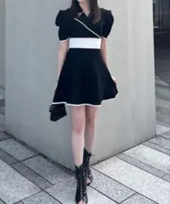 rienda テーラードカラーミニフレアハーフニットワンピース