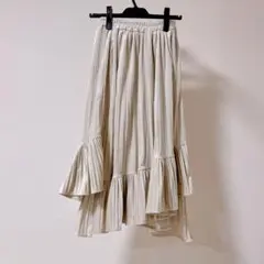 ベージュ フレアスカート プリーツ　ベロア　アシンメトリー