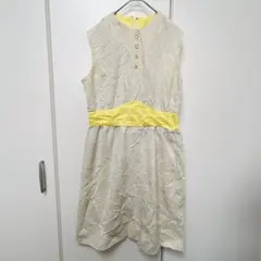 希少✨レトロ ヴィンテージ ワンピース ノースリーブ ジャガード調 黄色×白