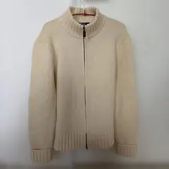 クリーム色 ジップアップ ハイネック ニットセーター
