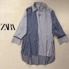 ZARA ストライプ切替シャツ ロング丈 お洒落 春夏 ゆるめ オーバーサイズM