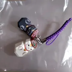 夏目友人帳木彫り風ニャンコ先生＆黒ニャンコ カプセルトイストラップ