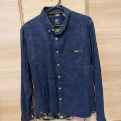 BEAMS HEART ビームスハート紺　裏迷彩シャツ　ボタンダウンレース透かし