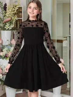 キッズ 長袖ドレス160花柄ワンピース黒ブラック結婚式フォーマル上品ピアノ発表会