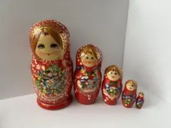 【ロシア製】木製マトリョーシカ 赤 花柄 5個セット