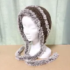 ファー付きボンネット 耳あて付きニット帽 バラクラバ 手編み ブラウン D01