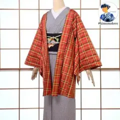 羽織 紬 正絹 チェック柄 オレンジ 羽織紐付き ビンテージ着物 A-2011