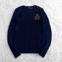 ローレンラルフローレン ケーブルニットセーター エンブレム 金ボタン 紺 XS