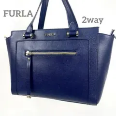 フルラ　トートバッグ　2way ショルダーバッグ　ロゴプレート　レザー　ブルー