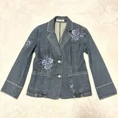花刺繍 デニムジャケット レディース テーラード インディゴ 春アウター 古着