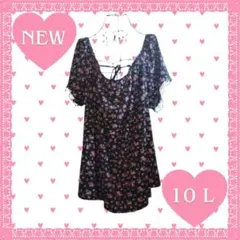 【お値下げ中】【No.12】小花柄トップス：10L 大きいサイズ　黒のサムネイル