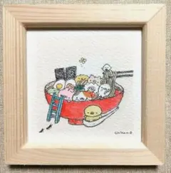 手のひらサイズ　水彩原画　【どうぶつラーメン】イラスト